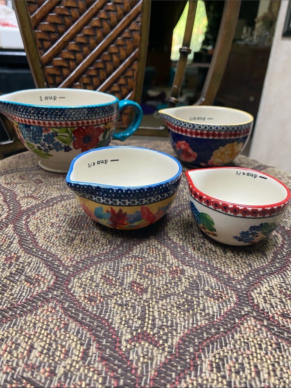 The Pioneer Woman Floral Ceramic Measuring Cups in Blue, Red, Teal